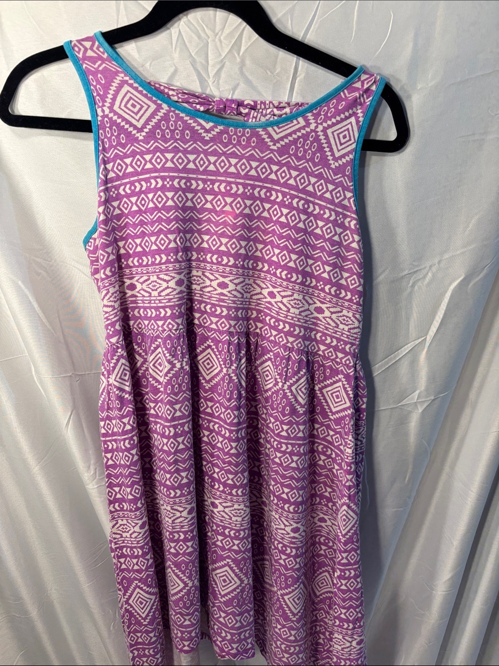 total girl Purple and White Aztec Print Casual Tank Dress with Teal Trim